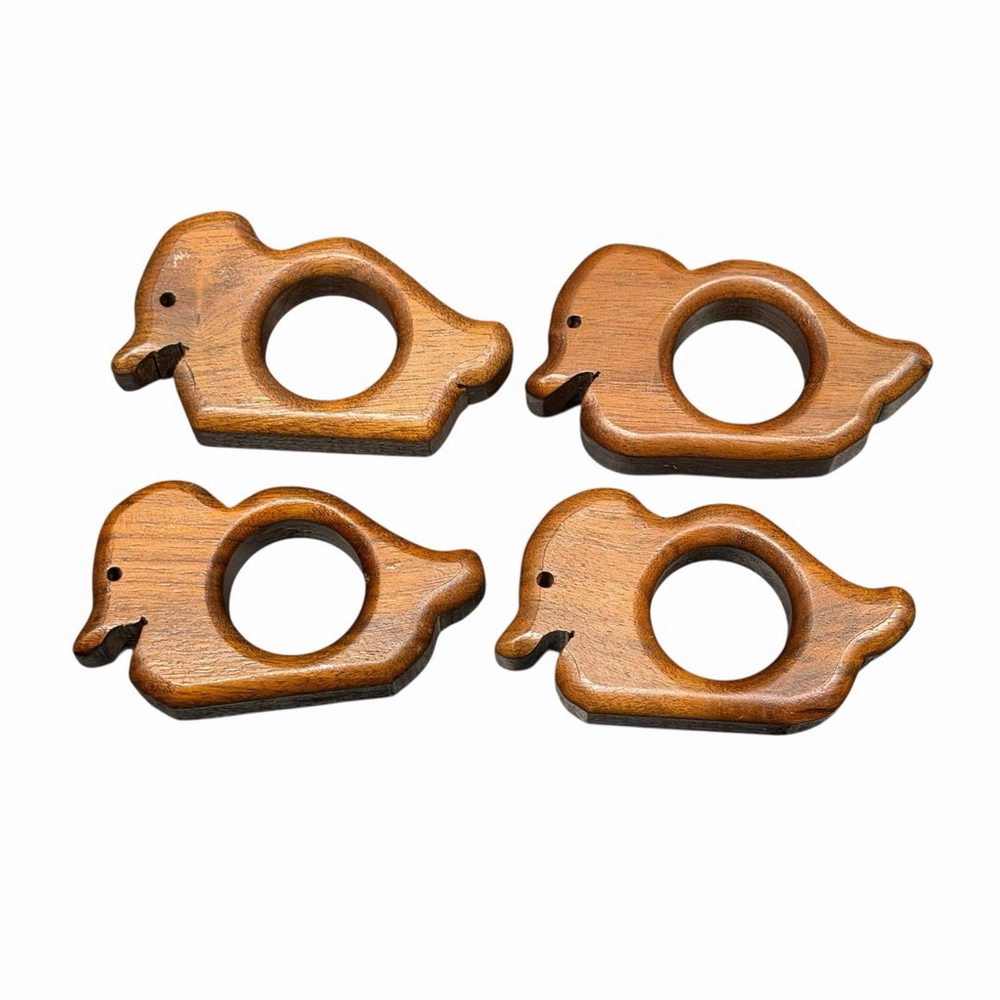 VTG Set Of 4 Bird/Duck Napkin Rings Hand Carved Wood Rustic Artisan Cottage